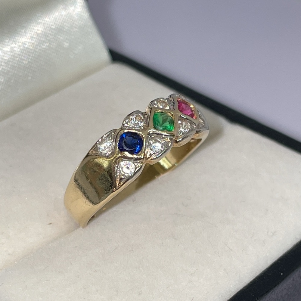 Solid 14k Yellow Gold Red Ruby Blue Sapphire Gree… - image 3
